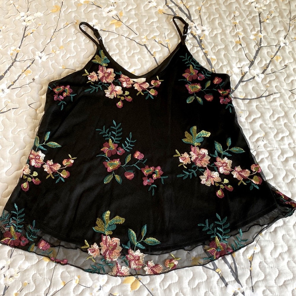 Black Tanktop with Sheer Floral Stitch
